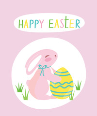 Happy easer postcard. Easter bunny with easter egg and lettering, vector decor element isolated on pink background.