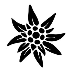 Edelweiss icon. Black silhouette of a mountain flower. Symbol of the Alpine mountains. Symbol of happiness and love. Vector illustration isolated on white background for design and web.