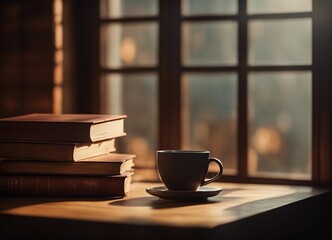 old hardcover books on a wooden table by the window, dim light, warm tones; autumn cozy home still 
