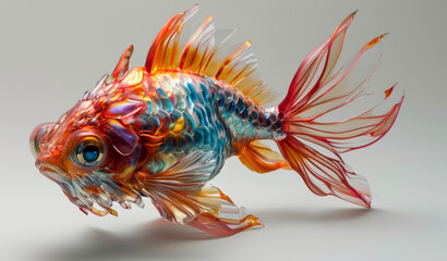 A translucent goldfish sculpture with a rainbow of colours and intricate details.