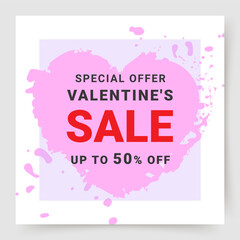 Fototapeta premium Sale banner for Valentine's Day, festive square template. Vector background with pink texture hearts for greeting cards, banner design, web advertising and social media post