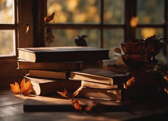 old hardcover books on a wooden table by the window, dim light, warm tones; autumn cozy home still 
