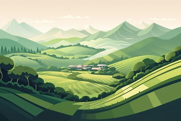 Terraced plantation poster Chinese rice fields. Tea plantations. Brochure, booklet one page conceptual design with illustration. Agricultural slopes  illustration.