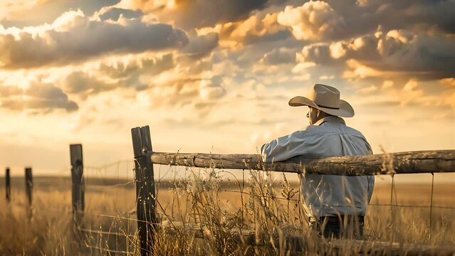 A cowboy with hat leaning on an old wooden fence