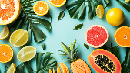 Creative layout made of summer tropical fruits