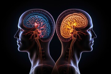 Obraz premium Brain skull areas, axon connections, radiant mind. Cognitive strategies for neural colored studied brain reserve. Neurostimulation therapies mindful vortex, cognitive kaleidoscope mental well being