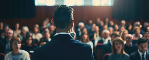Speaker at Business Conference and Presentation. A speaker presents at a conference to an attentive audience, exemplifying leadership and knowledge exchange. AI generated - obrazy, fototapety, plakaty