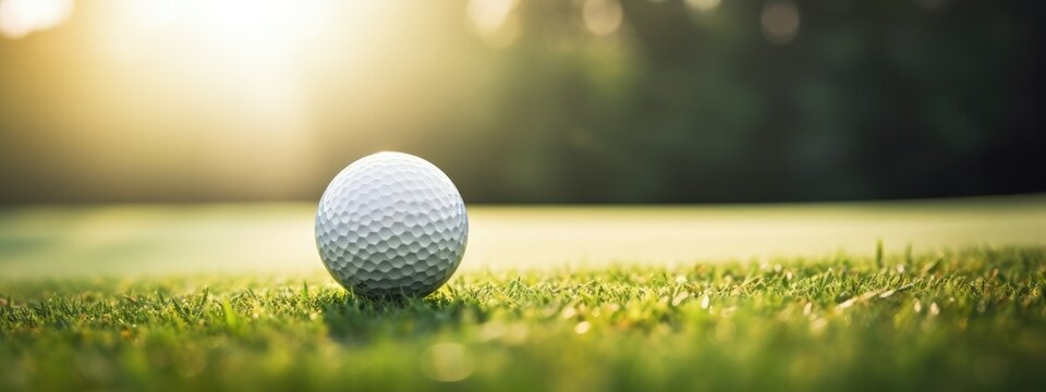 Green grass with golf ball close-up in soft focus at sunlight. Sport playground for golf club concept