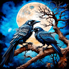 Two crows in the garden on a bare tree branch on a moonlit night