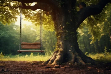 Foto op Canvas Generative AI Image of Wooden Swing Hanging on a Tree in the Forest in Bright Day © heartiny