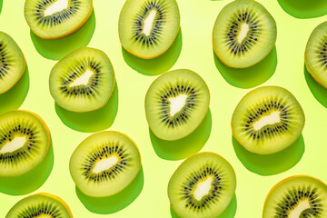 Pattern from fresh kiwi fruits. Green background, minimalistic flat lay.