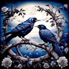 Two crows in the rose garden on a moonlit night