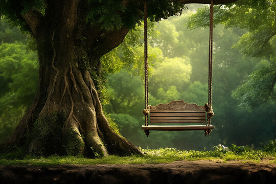 Generative AI Image of Wooden Swing Hanging on a Tree in the Forest with Green Plants