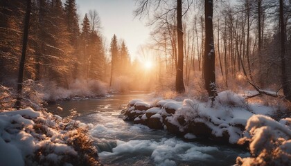 the river flowing through the snowy and wooded forest at sunset, golden hour 
