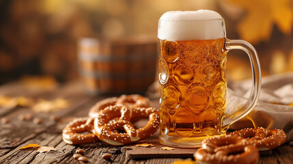 Beer and pretzels, Octoberfest background. 