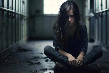 Sad and depressed young girl sitting in an abandoned house, teensmental health concept. Problems of teenagers