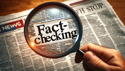 Hand holding a magnifying glass to fact check a news article.Fact checking is the process of verifying the factual accuracy of questioned reporting and statements.