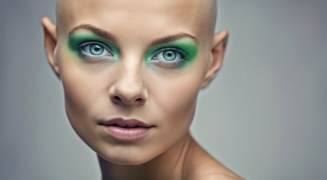 portrait of a pretty hairless woman on background, green or blue eyes, bald-headed girl, cancer woman, portrait of bald-headed woman