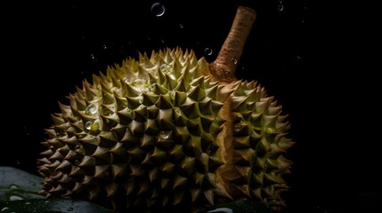 Naklejka na ściany i meble Fresh durian with water splashes and drops on black background