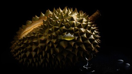 Fresh durian with water splashes and drops on black background