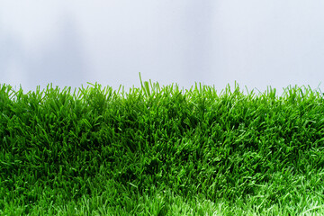 Close up of vibrant green artificial grass turf in residential. white background.