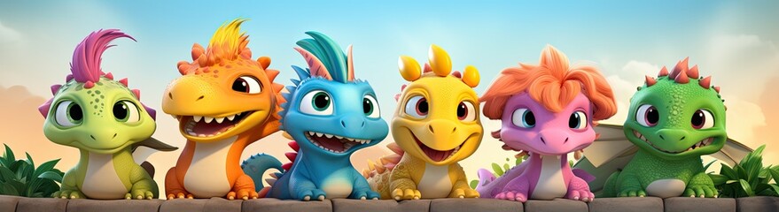 Whimsical cartoon dragons and dinosaurs portrayed as friends, sharing happy moments of joy and play for children.