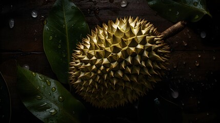 Naklejka na ściany i meble Fresh durian with water splashes and drops on black background