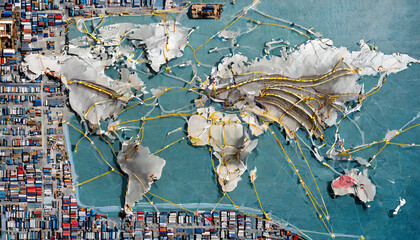 The World map with the global system of international supply chains. Generative AI.