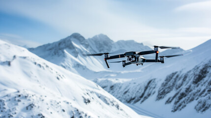 Fototapeta na wymiar Quadcopter drone flying over snowy mountains, capturing winter landscape, technology and exploration concept