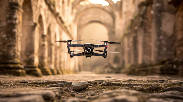 Quadcopter drone with camera flying in a historic stone corridor with warm lighting, capturing ancient architecture and technological contrast