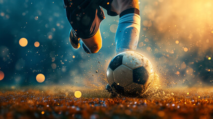 soccer player shoot ball on the field - obrazy, fototapety, plakaty