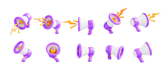 3d megaphone speaker and loudspeaker with lightning isolated render icon set in different angles view. Concept of announce, online news, marketing, advertising, social media promotion. 3D illustration