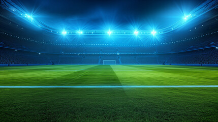 Night time Soccer Stadium Illuminated with Bright Lights, Green Field, and Soccer Ball