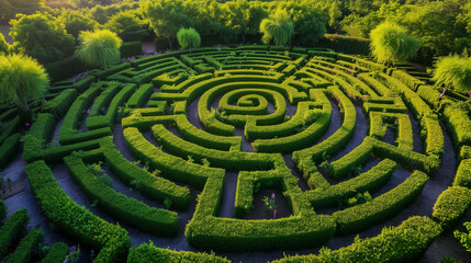 Naklejka premium Lush green garden maze photographed from above during sunset, showcasing a beautifully manicured circular labyrinth design