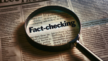 Hand holding a magnifying glass to fact check a news article.Fact checking is the process of verifying the factual accuracy of questioned reporting and statements.