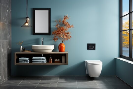 Contemporary hotel bathroom toilet with dark gray stone accents and a bidet, on an isolated blue background, Generative AI