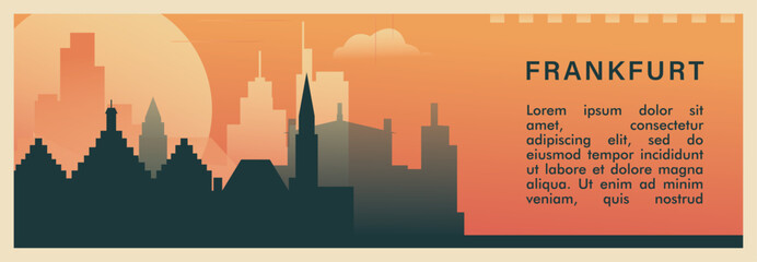 Frankfurt city brutalism vector banner with skyline, cityscape. Germany retro horizontal illustration, travel layout for web presentation, header, footer