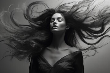 Black and white portrait of a beautiful woman with a flowing long hair