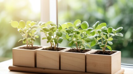 Green indoors. Color of life. Seedlings are planted in boxes in a greenhouse. Seedlings on the windowsill against the background of the window. Sprouts in a wooden box. - Powered by Adobe
