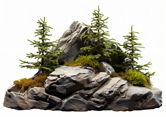 Cutout rock surrounded by fir trees. Garden desigin