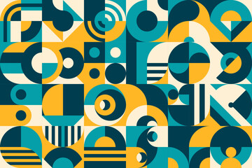 Abstract azure, blue and yellow modern geometric pattern. Retro artwork, design layout minimalism vector pattern or business presentation background with Bauhaus color geometrical shapes