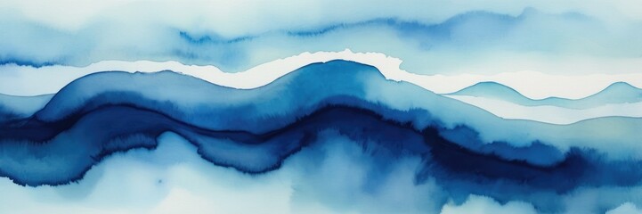 abstract watercolor painting featuring dynamic blue brush strokes that evoke the feeling of ocean waves