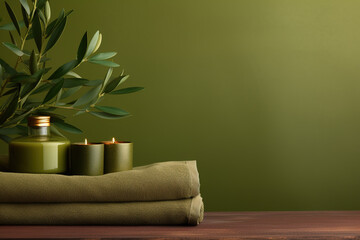 Olive green Spa background, wellness, skincare, massage foot therapy, therapist massage background, aromatherapy massage, thai, Asian, facial, pedicure, medicure, relax spa, towels, Spa stones