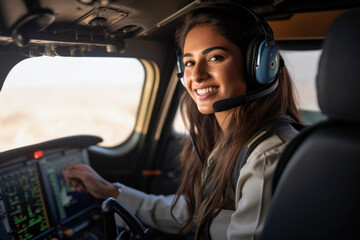 Smart and beautiful female pilot of Indian ethnicity sitting inside the cockpit 