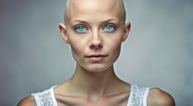 portrait of a pretty hairless woman on background, green or blue eyes, bald-headed girl, cancer woman, portrait of bald-headed woman