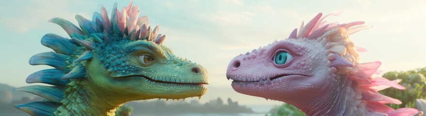 Playful cartoon dragons and dinosaurs portrayed as friends, fostering a sense of childhood camaraderie.
