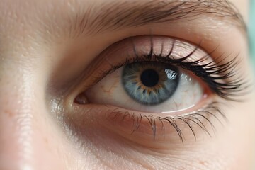 Close up shot of a female blue grey eye with long eyelashes. Human eye image for design, artwork, template