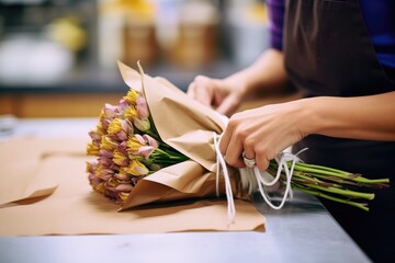 closeup of a bouquet being wrapped in brown paper by a florist - obrazy, fototapety, plakaty