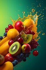 Fresh fruits flying with water splashes on bright color background