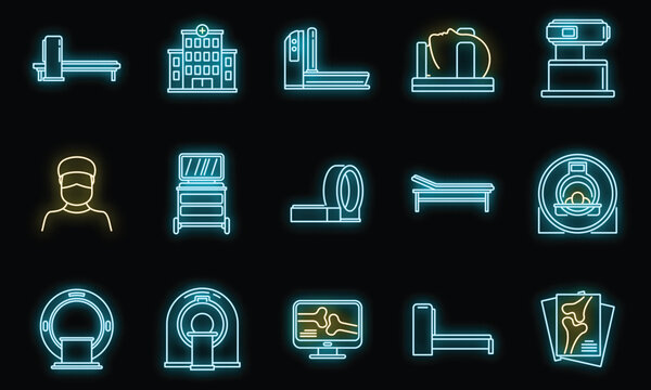 Mri scan icons set. Outline set of mri scan vector icons neon color on black